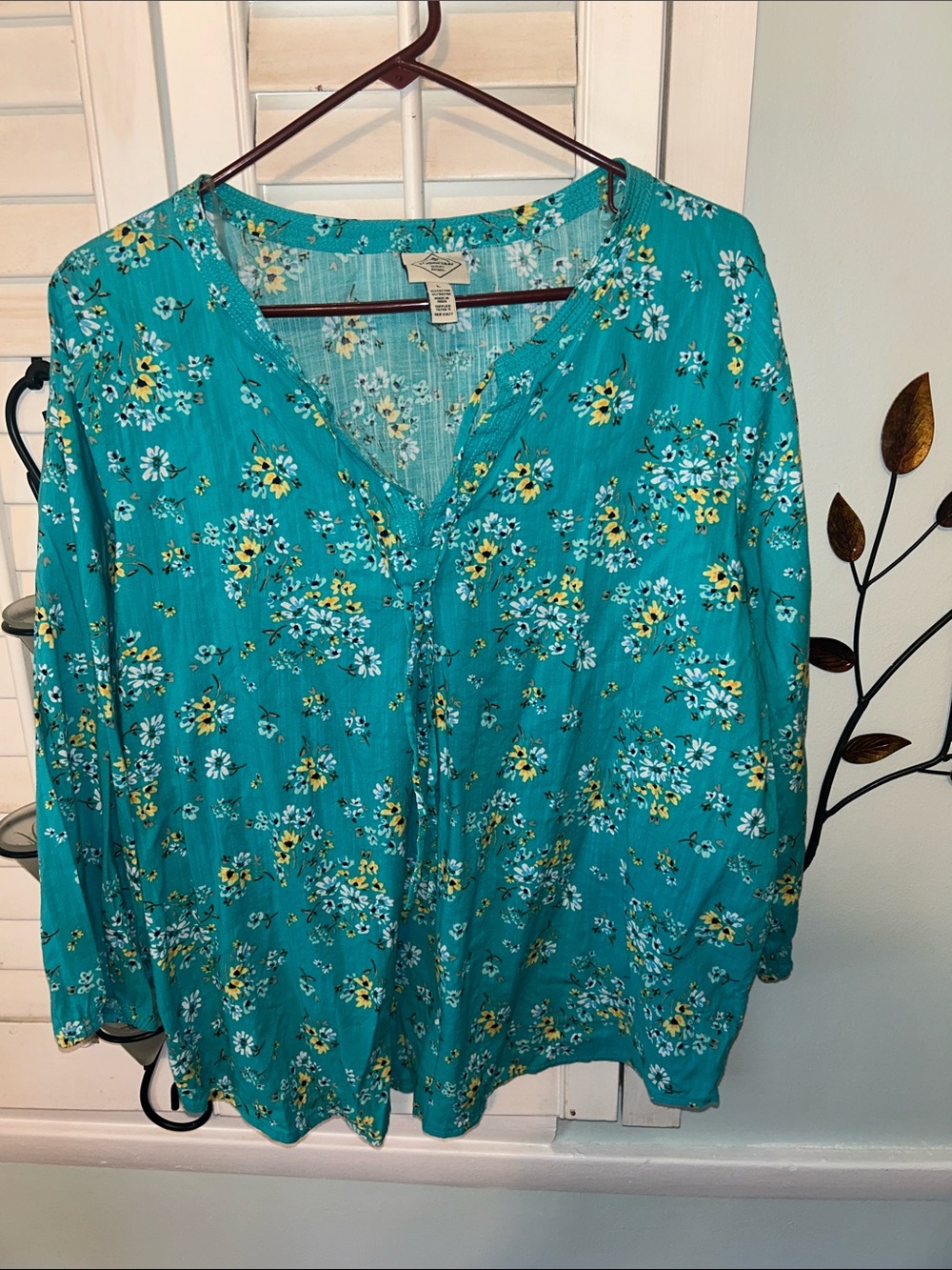 St. John's Bay Teal Floral V-Neck Blouse